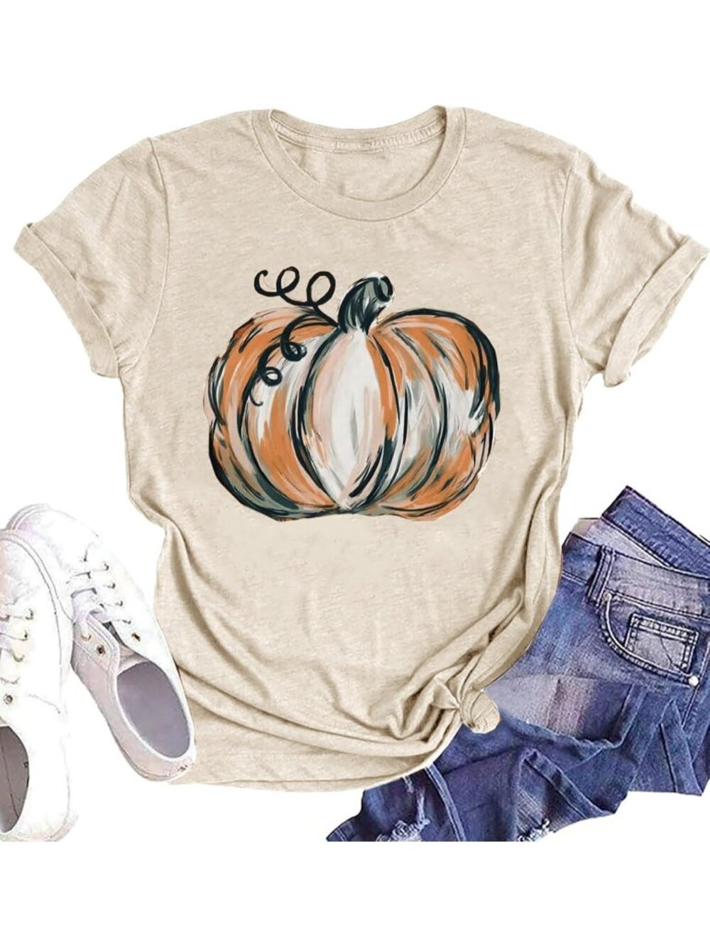 🆕 Women's Beige Painted Pumpkin Halloween Graphic Tee Short Sleeve Shirt